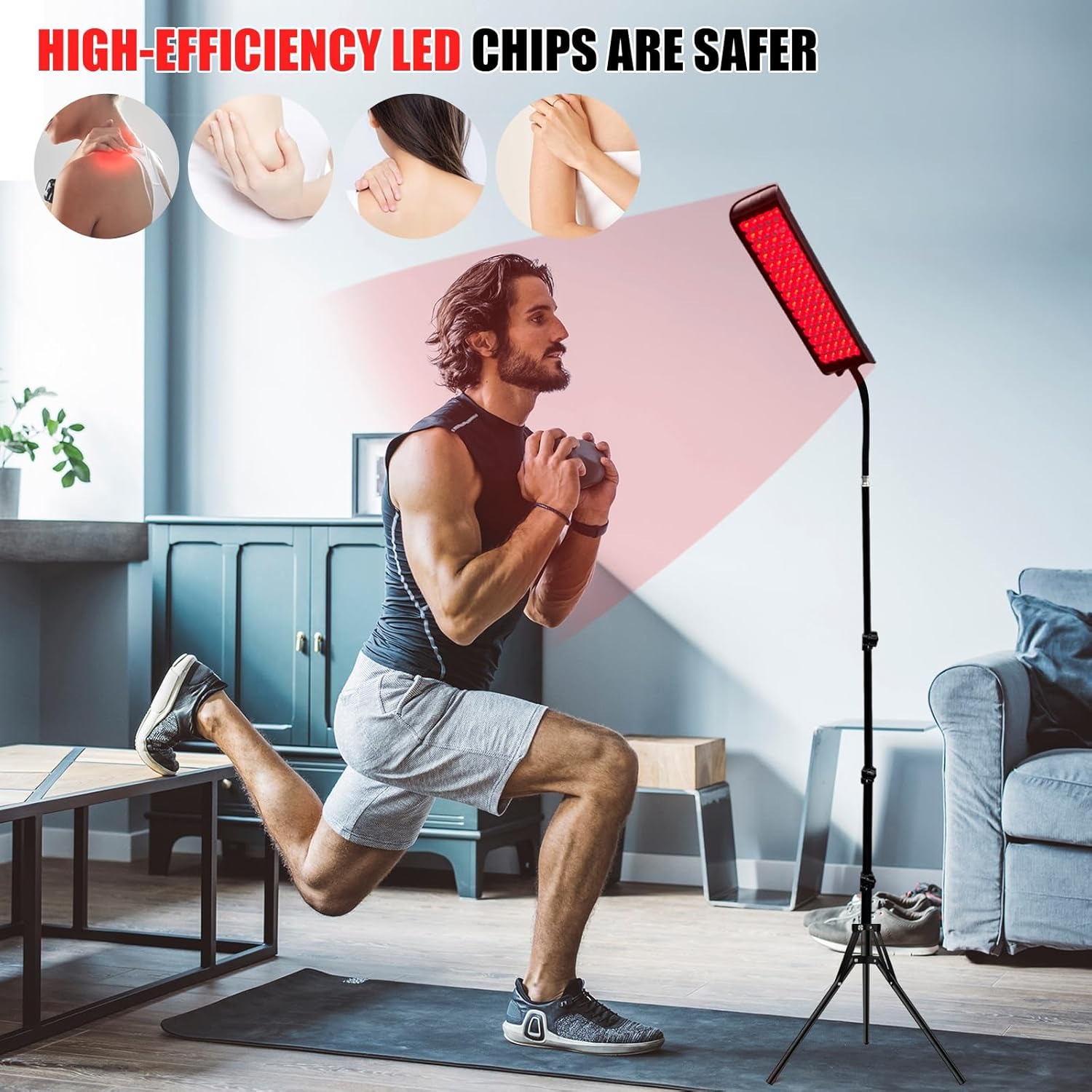 Red light therapy panel set up for a home wellness session